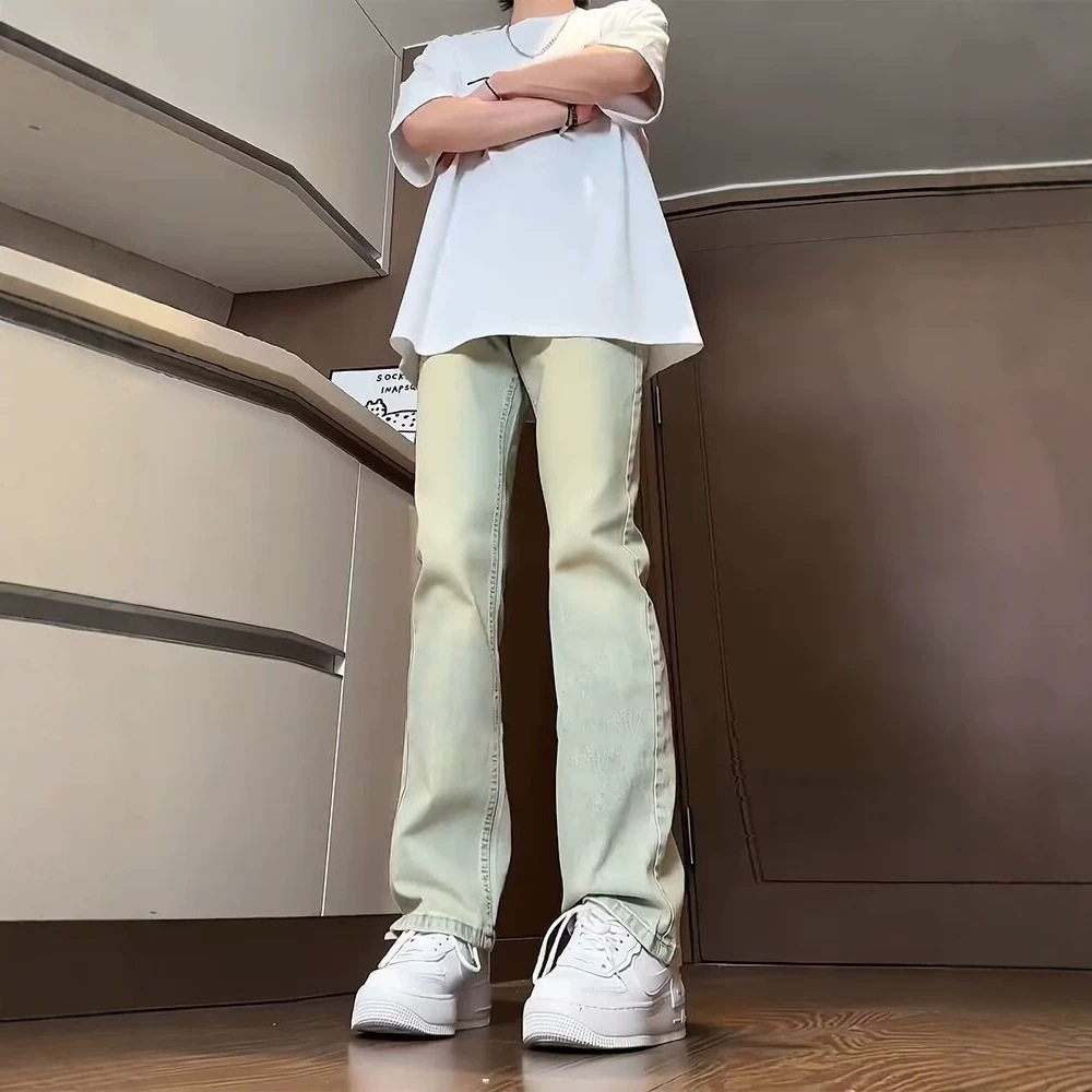 美式高街水洗牛仔裤男士春秋新款修身直筒裤子显瘦微喇休闲长裤