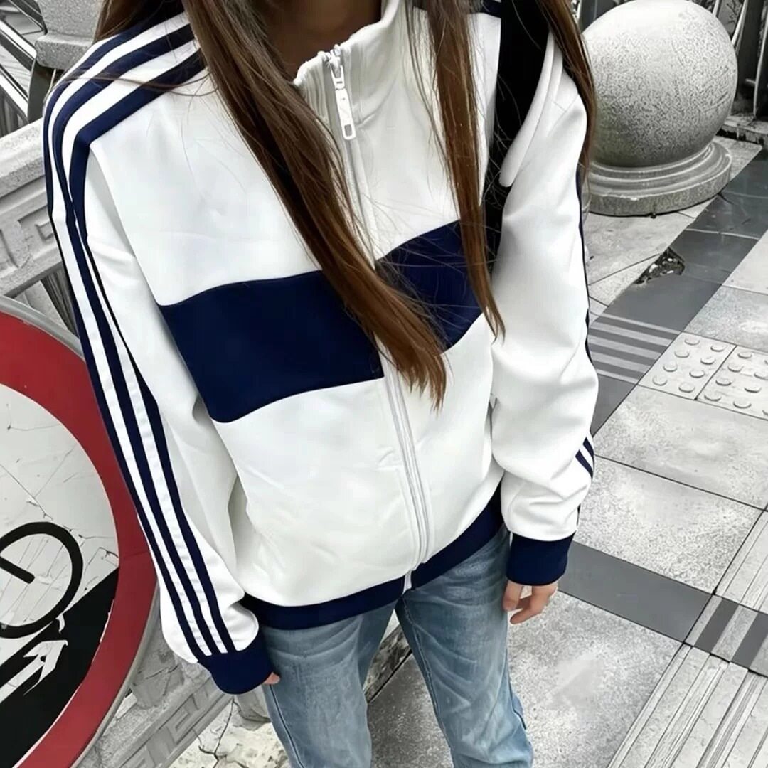 美式高街条纹杠撞色立领卫衣男女春秋宽松学院风情侣棒球服外套