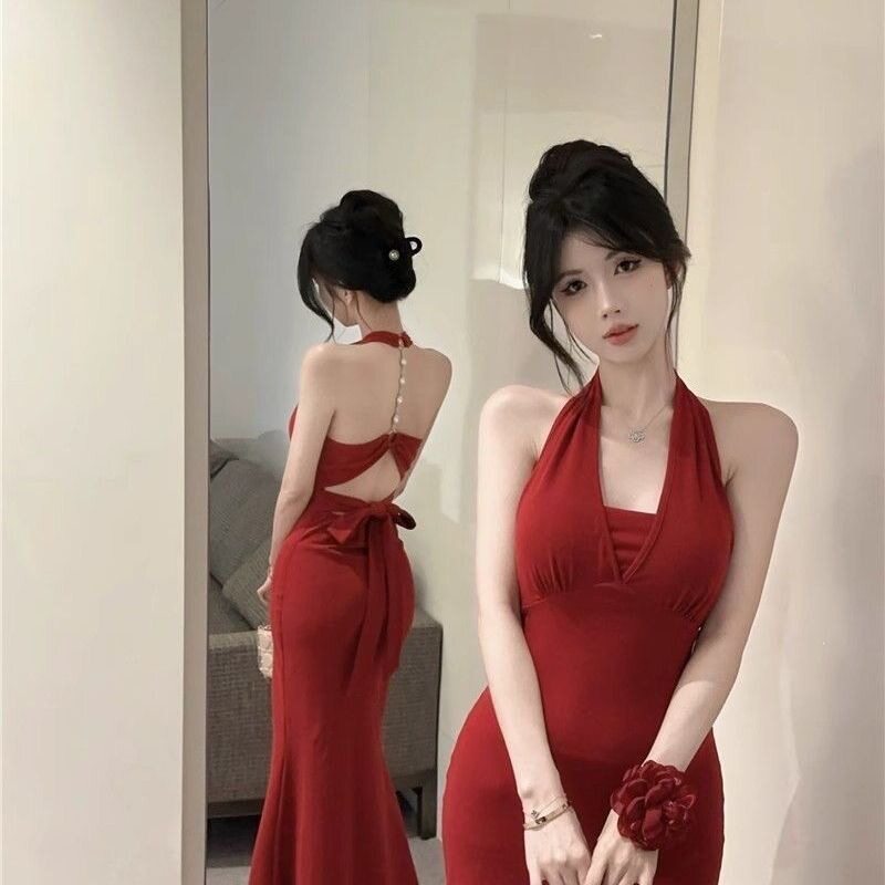 夏季新款辣妹连衣裙链条绑带鱼尾裙露背修身吊带中长裙