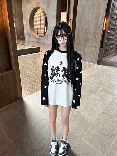 2026美式复古印花长袖T恤男女春秋新款宽松休闲百搭圆领上衣
