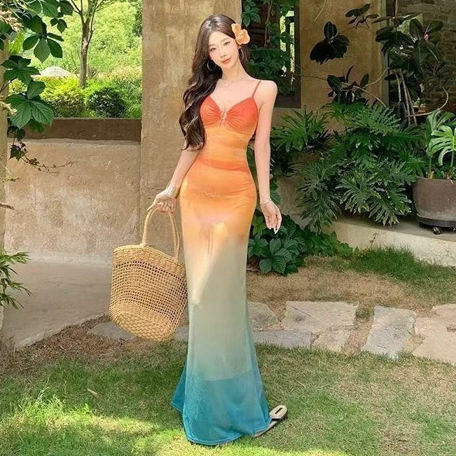 气质网纱撞色吊带V领连衣裙女夏季高级感修身显瘦辣妹风包臀长裙