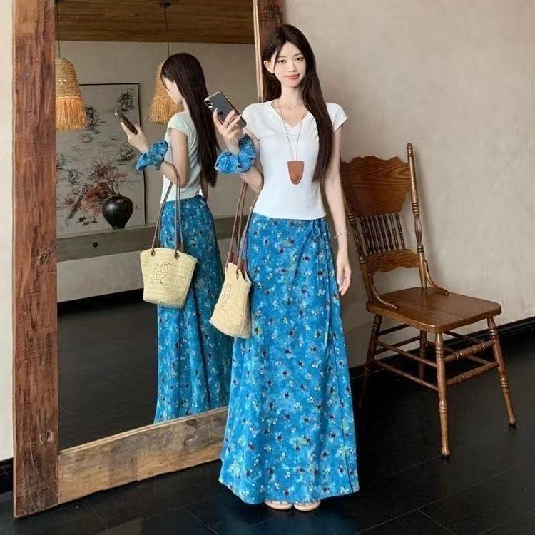 韩系甜美穿搭蓝色碎花油画系带半身裙女夏季高腰复古A字长裙子ins