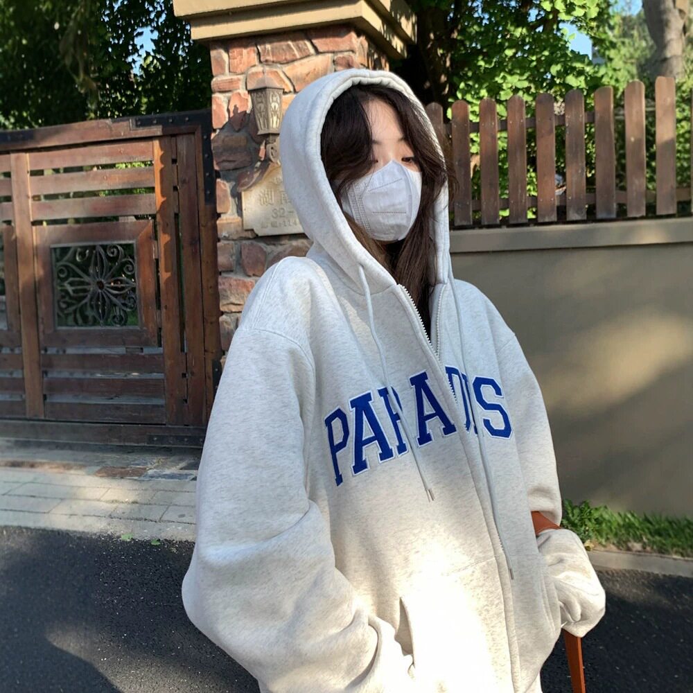 新款秋冬拉链开衫连帽加绒加厚卫衣外套女oversize宽松慵懒风上衣