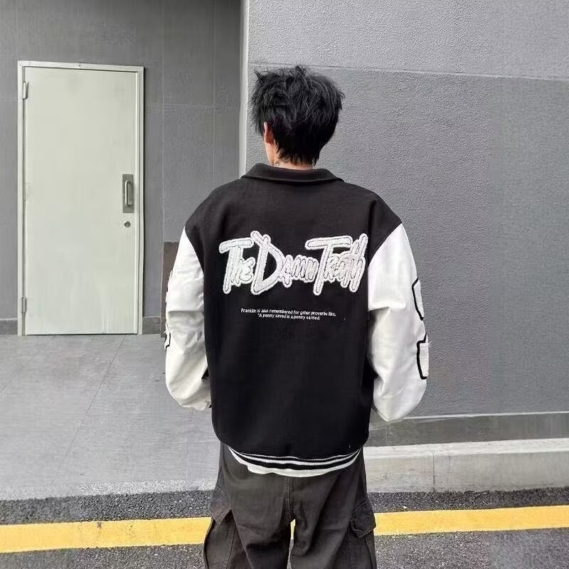 DHSS美式字母重磅刺绣拼色棒球服夹克男女宽松翻领情侣高街外套