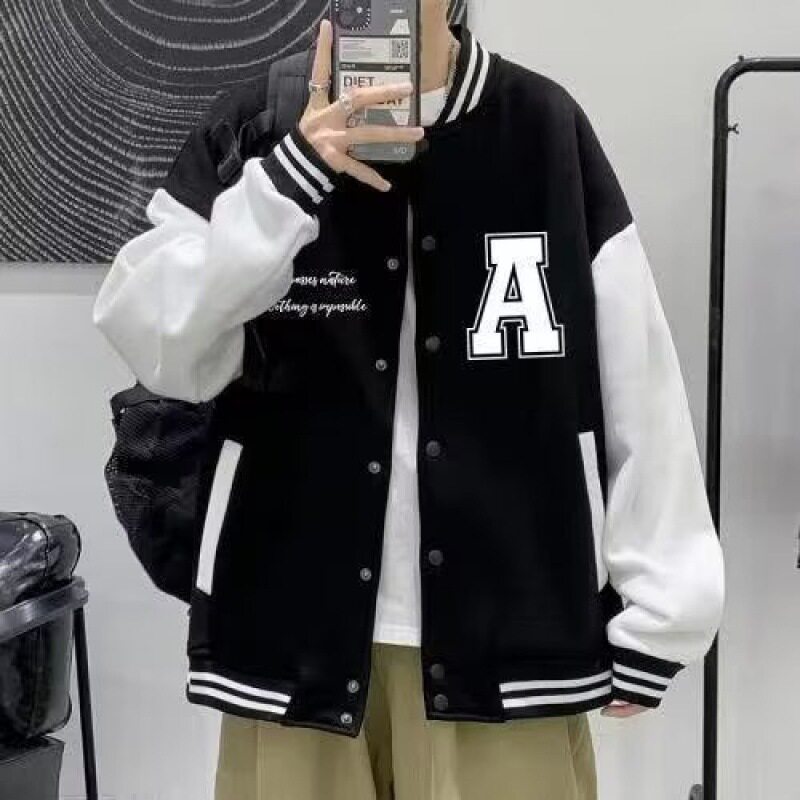 春秋季新款男士夹克休闲外套拼色印花男生棒球服学生运动班服