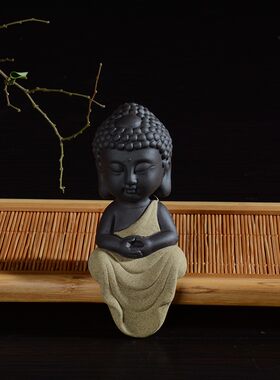 创意木头家居摆件陶瓷小和尚如来西方三圣摆件悟禅意小沙弥工艺品