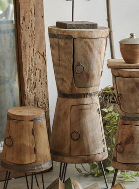 双层漏斗花盆置物柜实木花架置物架侘寂风落地摆件民宿客厅装饰品