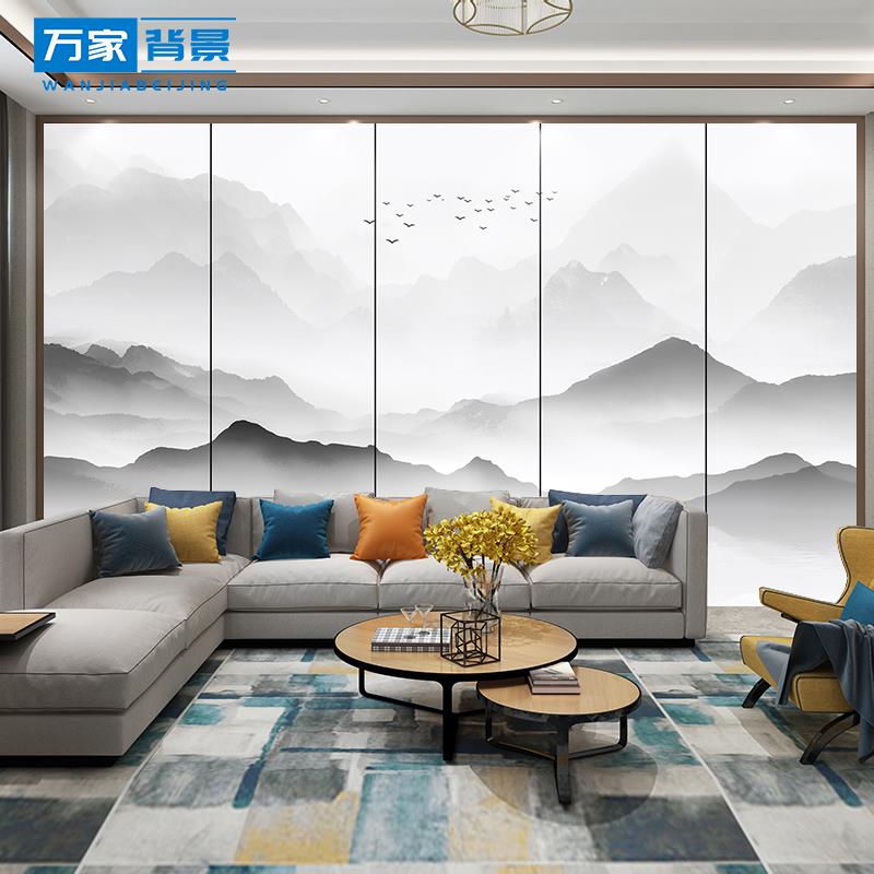 定制床头卧室沙发皮雕硬包山水印花电视背景墙新中式壁画酒店背景