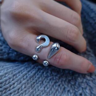 银色个性小众设计新款开口可调节简约问号感叹号食指戒戒指指环