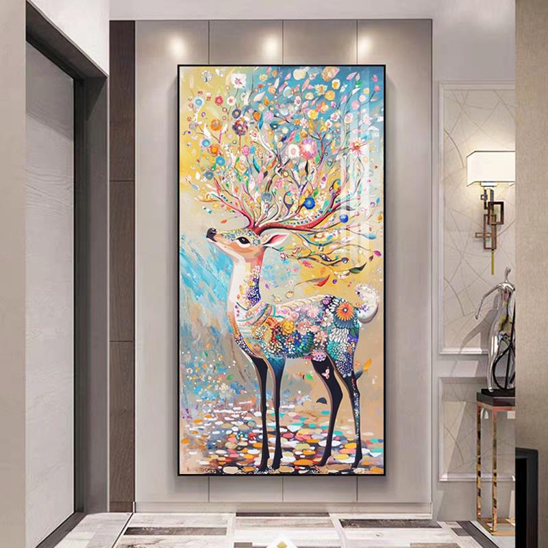 玄关装饰画梅花鹿正对门美式竖版艺术挂画走廊过道一路平安壁画图片