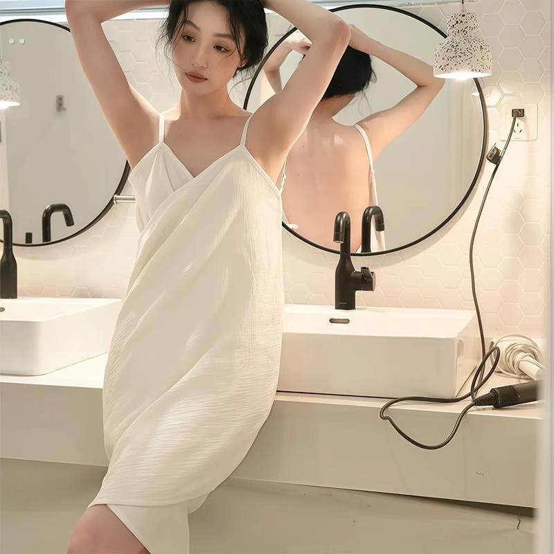 四层皱棉纱睡衣高级感穿戴式吊带浴巾浴裙露背吸水睡裙肩带可调,女士内衣/男士内衣/家居服,睡袍/浴袍,淘宝优惠券,粉丝福利购,淘宝优惠卷