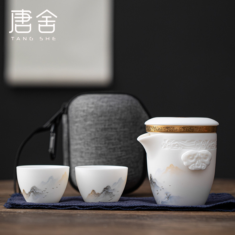 唐舍手绘山水画中旅行茶具羊脂玉瓷式快客杯壶二杯