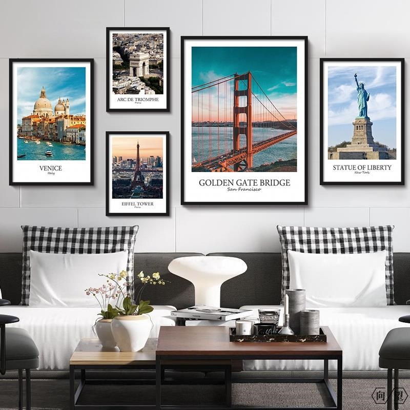 现代简约建筑风景客厅沙发背景墙装饰画城市地标卧室书房挂画壁画图片