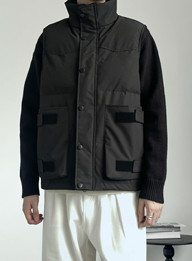 233UNIT冬季工装风立领棉服马甲男多口袋百搭保暖黑色休闲外套潮