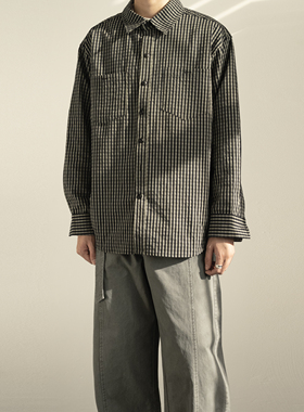 233UNIT日系复古格子衬衫男春季宽松休闲百搭长袖翻领衬衣松弛感