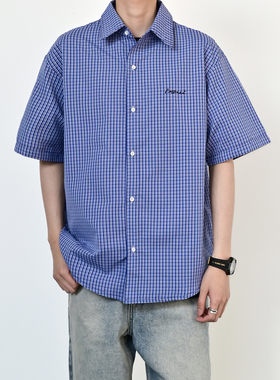 233UNIT 日系复古基础绣花蓝色格子短袖衬衫男女夏季宽松休闲衬衣