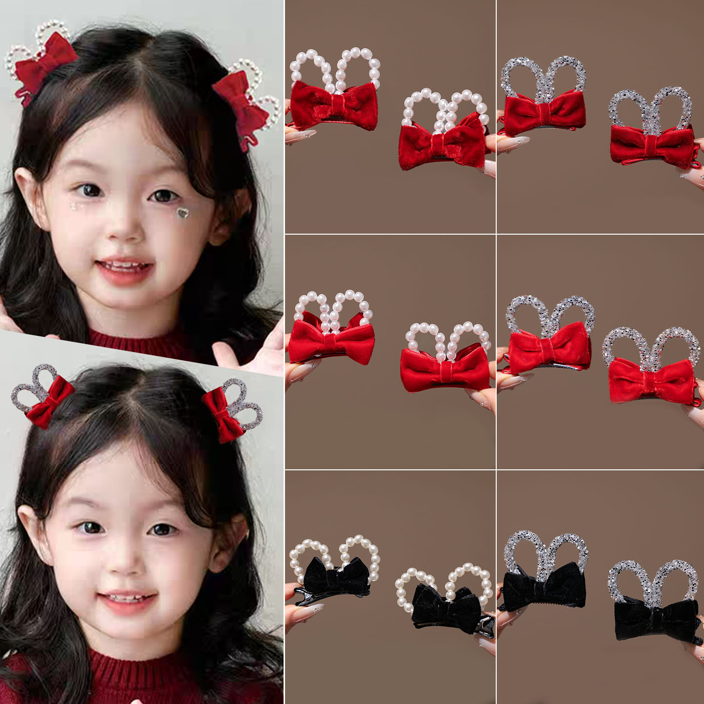 新年红色兔耳朵蝴蝶结发夹女儿童过年喜庆对夹头饰女孩侧边刘海夹