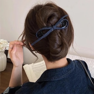 牛仔布艺蝴蝶结2025新款一字扭扭夹发夹女后脑勺盘发气质发卡头饰