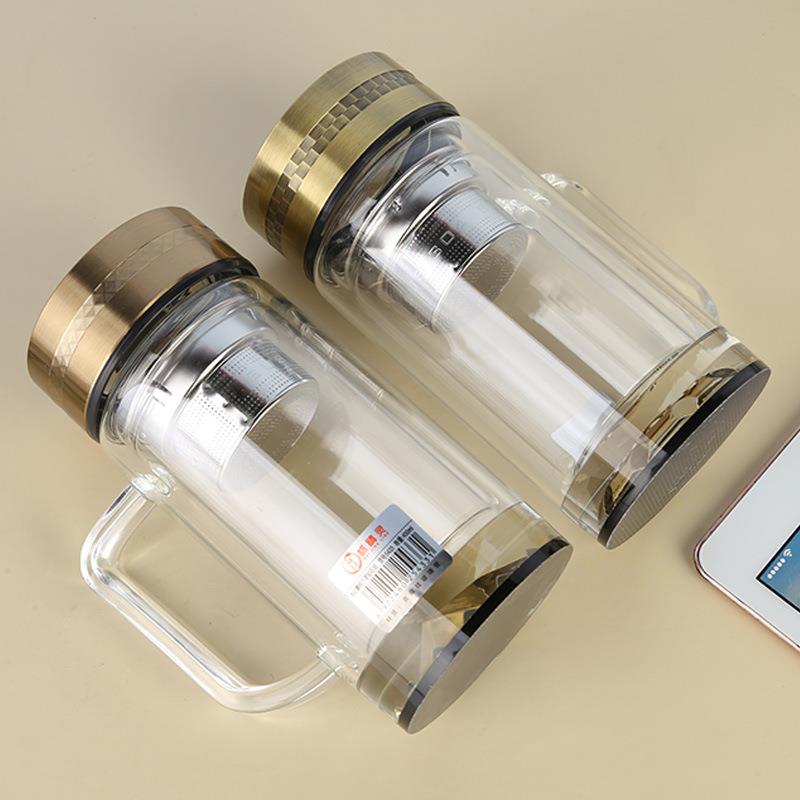 高硼硅玻璃带把手茶水分离双层大容量水杯耐高温办公杯茶叶分离杯