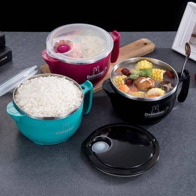 简约304不锈钢泡面碗 可微波加热圆形便当盒双层隔热带盖保温饭盒