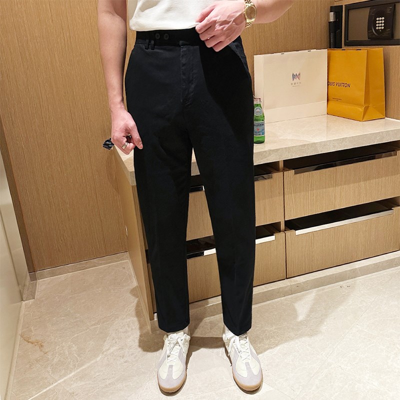 轻熟风简约白色松紧带裤子男款春秋高级黑色直筒九分裤男士休闲裤