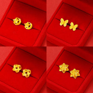 正品金包银耳钉女999黄金24k包银光面磨砂豆豆耳夹时尚气质耳环款