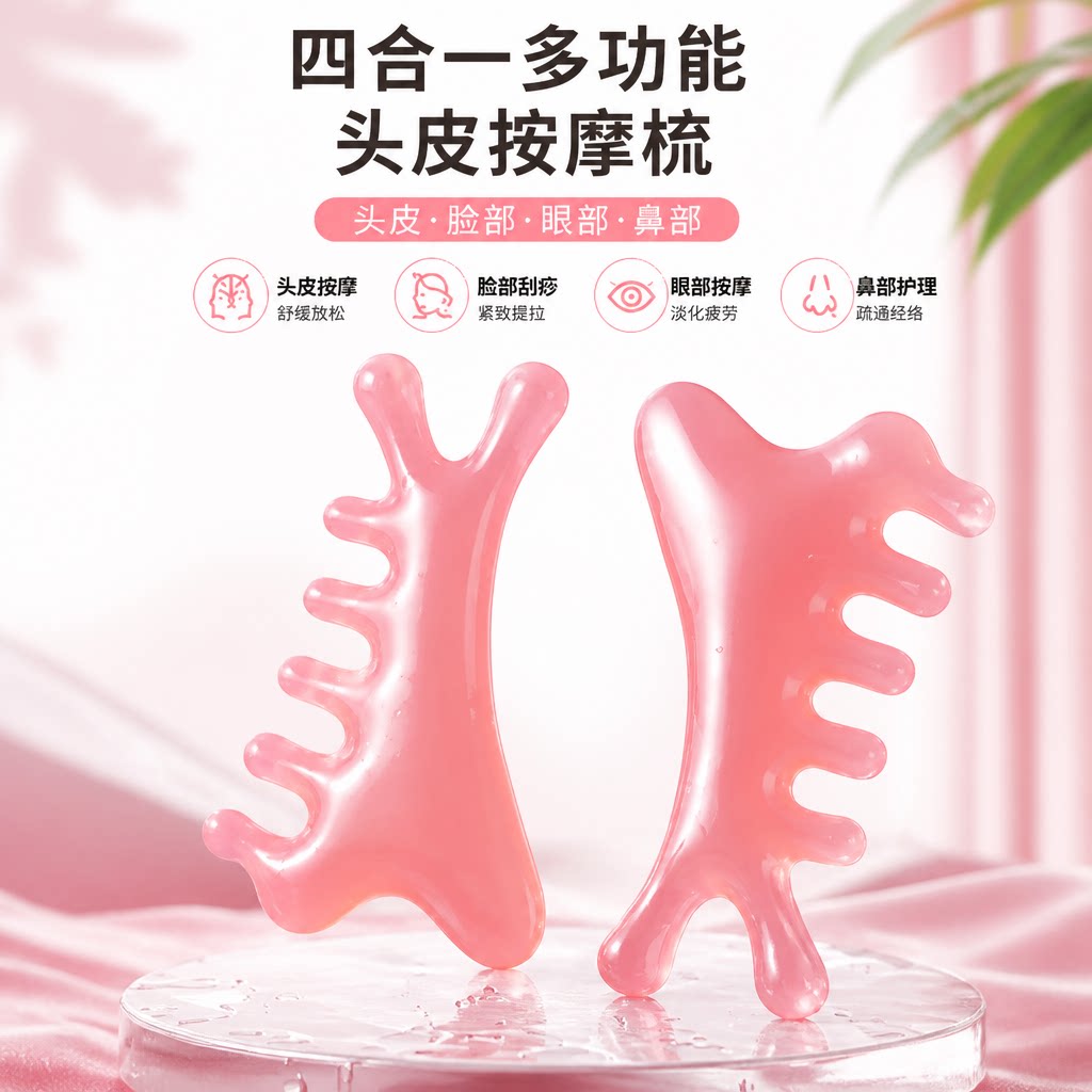 少女粉四合一梳头皮按摩梳子头部