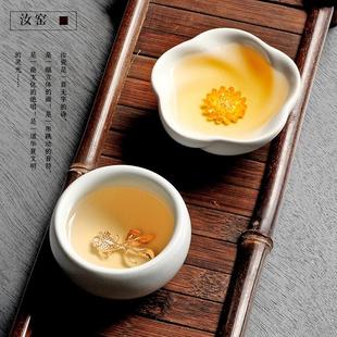 汝窑开片陶瓷镶银茶杯银鱼杯品茗杯茶盏茶碗功夫茶具建盏主人单杯