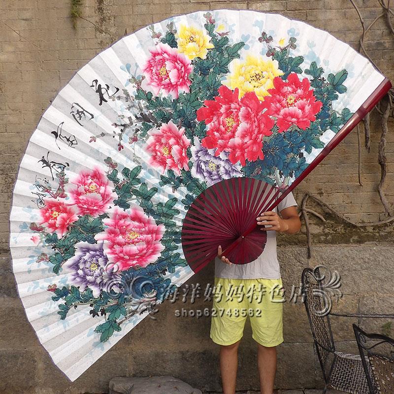 超大挂扇子餐厅沙发背景墙面装饰中国风个性创意牡丹壁画花开富贵图片