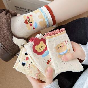 日系甜美双层花边堆堆袜个性点子纱学院风中筒袜爱心卡通小熊袜子