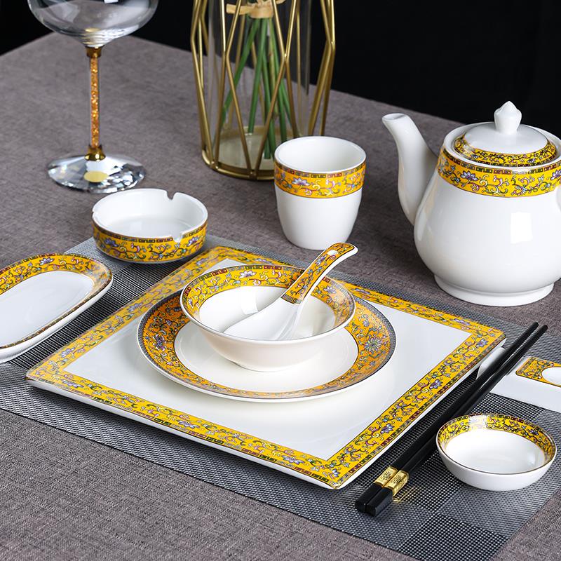 珐瑯彩陶瓷摆台酒店高档餐具套组中国风会所包厢饭厅单位宴客碗盘