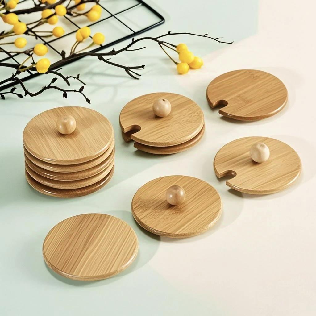 通用盖子玻璃瓶马克杯木质杯盖圆形水杯配件茶杯杯子配竹盖子