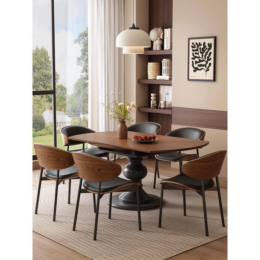 法式覆古实木餐桌椅组合家用小户型可伸缩方圆两用白蜡木折叠饭桌