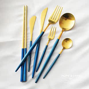 情侣餐具家用甜品勺子筷子套装 蓝柄西餐刀叉欧式 304不锈钢北欧风