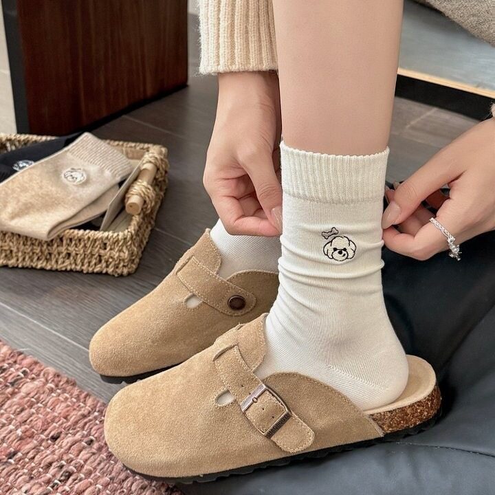 卡通秋冬可爱ins风小狗刺绣中筒