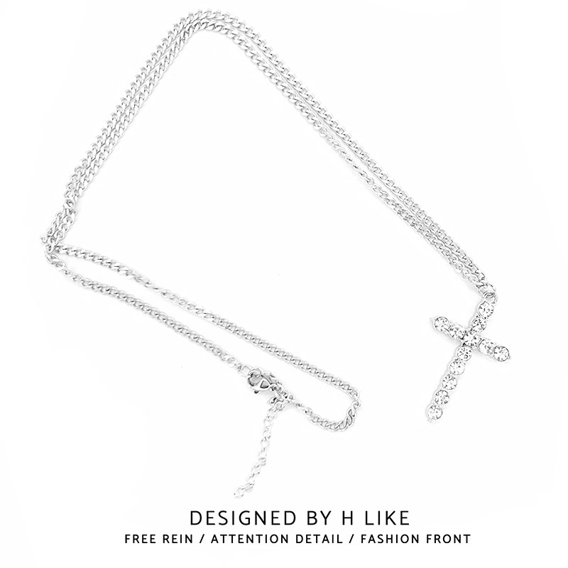 日韩十字架项链吊坠饰品钛钢嘻哈宝石卫衣链情侣男女网红水钻潮酷