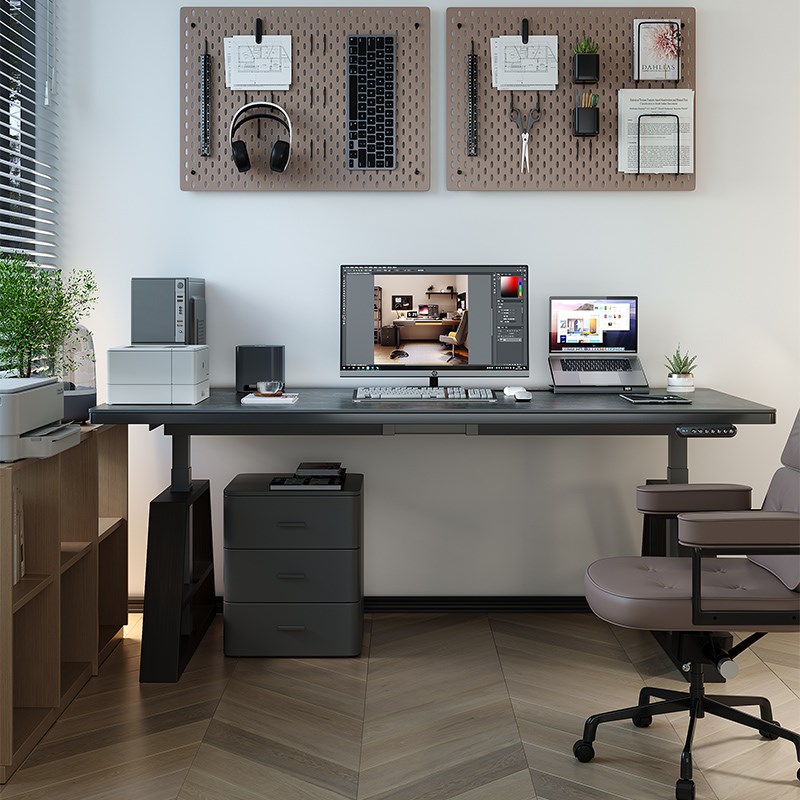 黑色岩板电动升降书桌智能自动书桌现代电脑桌卧室家用台式