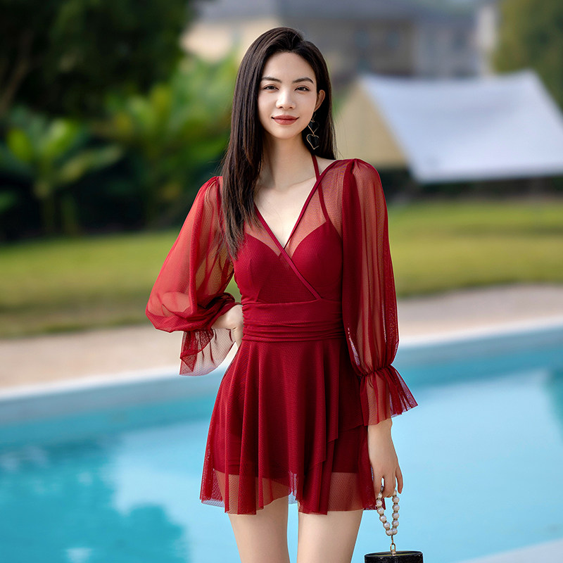 泳衣女连身裙式纯色仙女修身显瘦钢托聚拢2023新款夏季泡温泉泳装