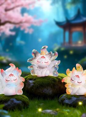 景区文创十里桃花九尾狐小号盲盒国风卡通手办树脂工艺品桌面摆件