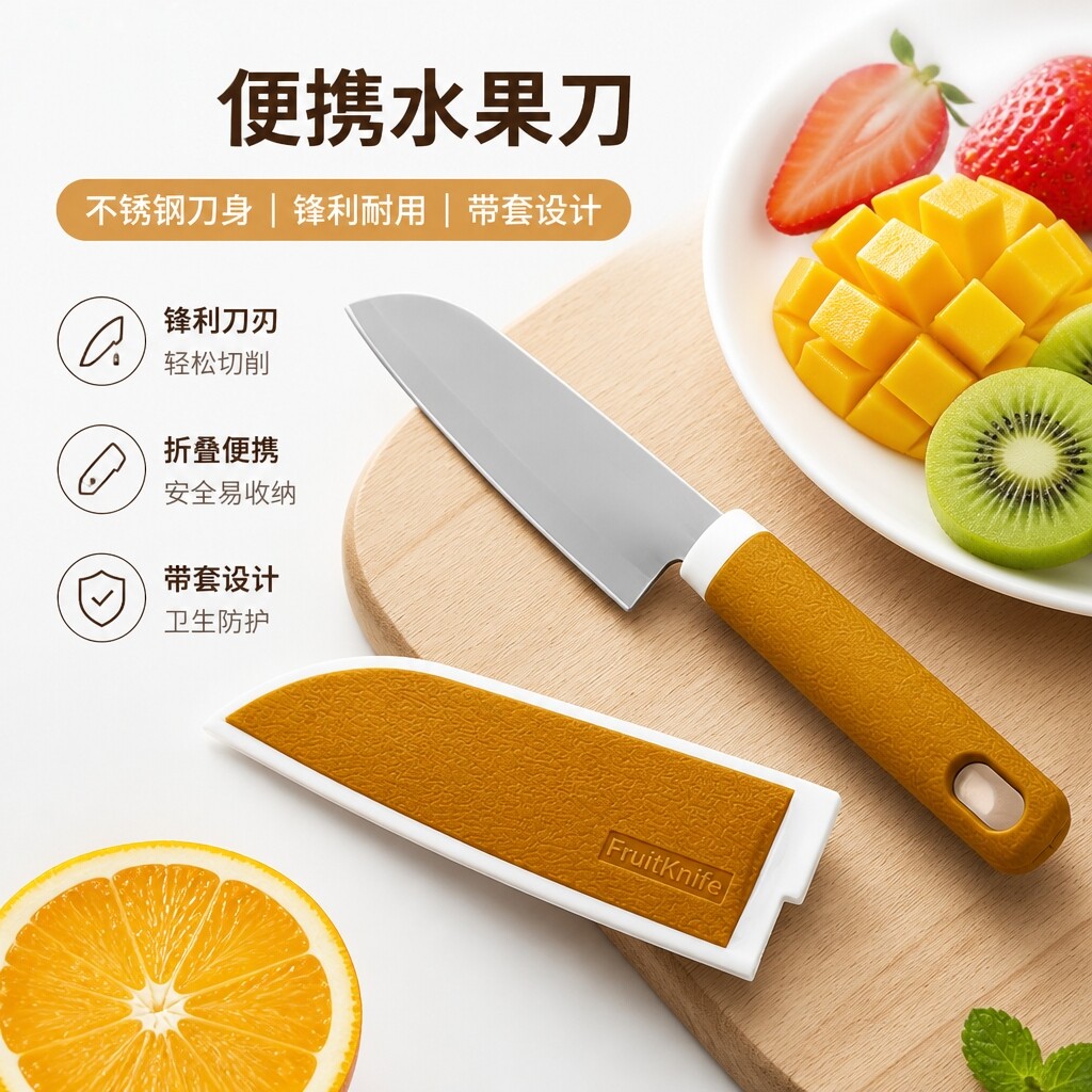不锈钢水果刀带刀套可折叠图片