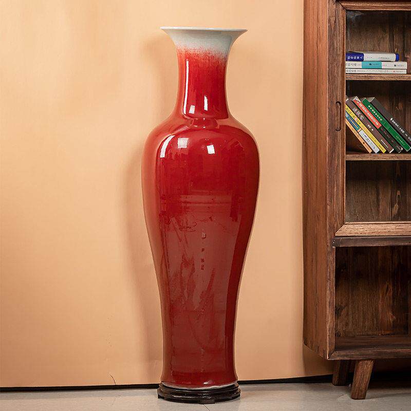 景德镇陶瓷器轻奢郎红釉落地大号花瓶客厅玄关中式插花装饰高摆件