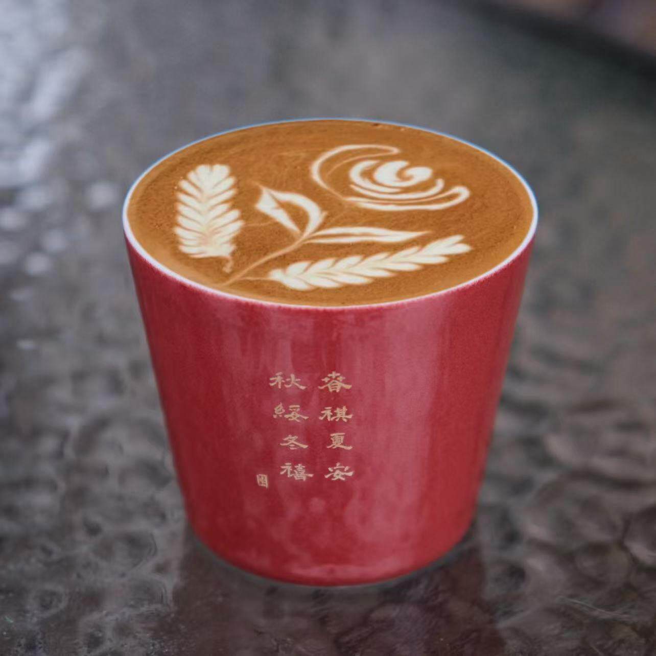 春辰霁红猪口杯景德镇手作陶瓷手握咖啡杯拿铁拉花纯手写书法礼物