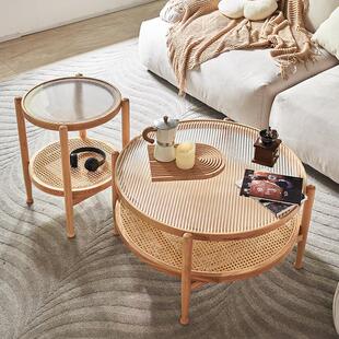 藤编实木茶几圆形组合北欧客厅简约玻璃茶桌家用小户型边几小桌子