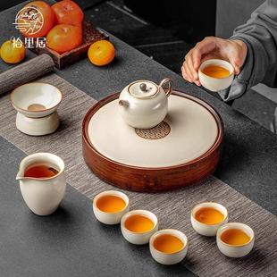 家用中式 汝窑功夫茶具套装 轻奢陶瓷茶壶茶杯整套办公室泡茶带茶盘