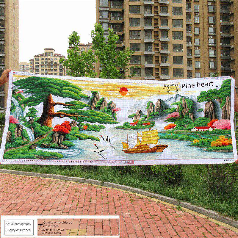 纯手工十字绣成品欢迎松财富和财富版客厅大型景观装饰山水画畅销