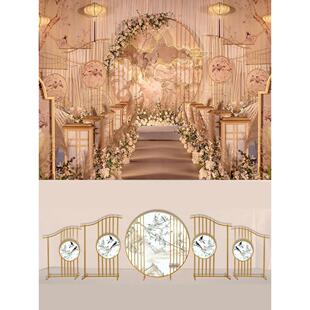 婚庆新中式铁艺拱门覆古屏风中国风婚礼舞台背景装饰摆件灯笼路引
