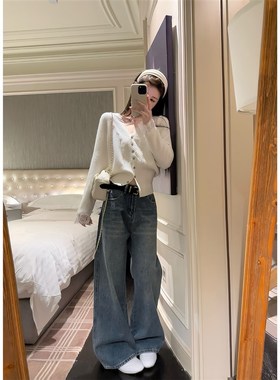 咖喱汤汤TGL【牛绒质感】白色蕾丝花边拼接v领针织开衫内搭女宽松