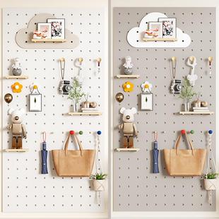 玄关洞洞板定制置物架木质展示收纳实木隔板木制入户门墙上挂衣架