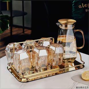 家用客厅玻璃喝水杯子家庭高颜值六角壶待客水壶茶杯 轻奢水具套装