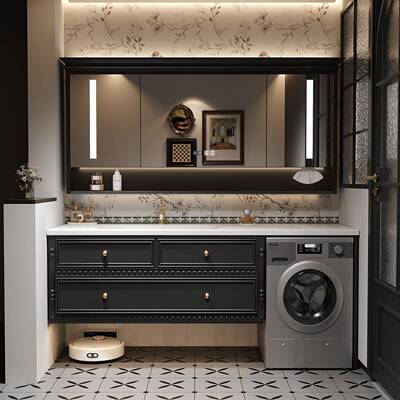 法式覆古可丽耐洗衣机一体浴室柜组合岩板热弯卫生间洗手盆洗漱台